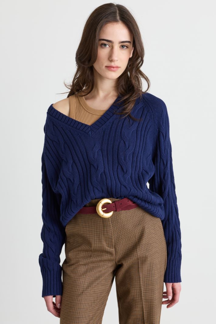 Cable and Rib-Knit Jumper - BLUE - Intrend - 2