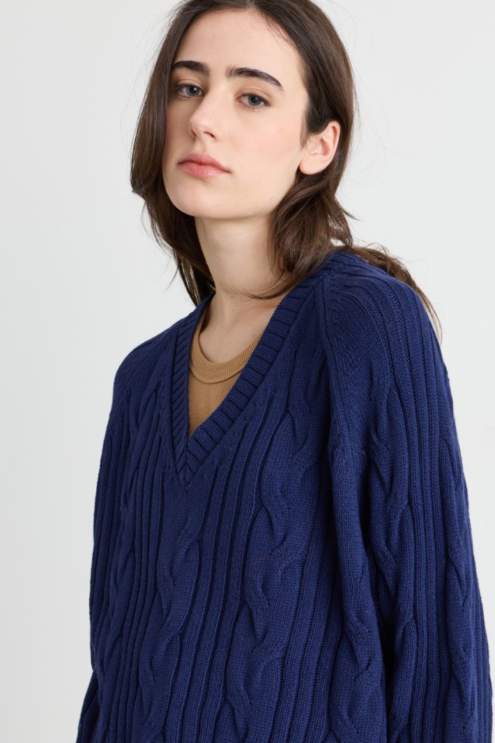 Cable and Rib-Knit Jumper - BLUE - Intrend - 3