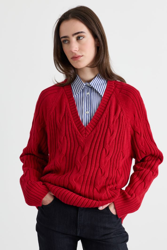 Cable and Rib-Knit Jumper - RED - Intrend - 3