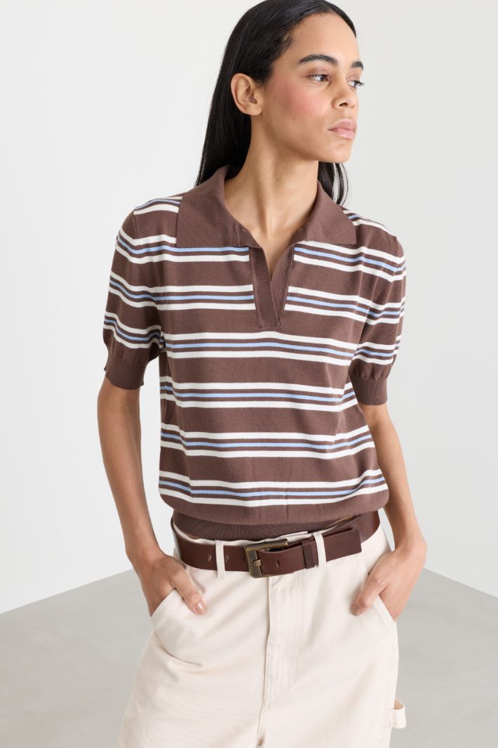Gestreiftes Strick-Poloshirt - BRAUN - Intrend - 2