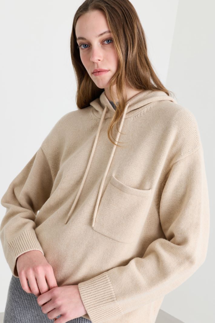 Knitted hoodie - BEIGE - Intrend - 3