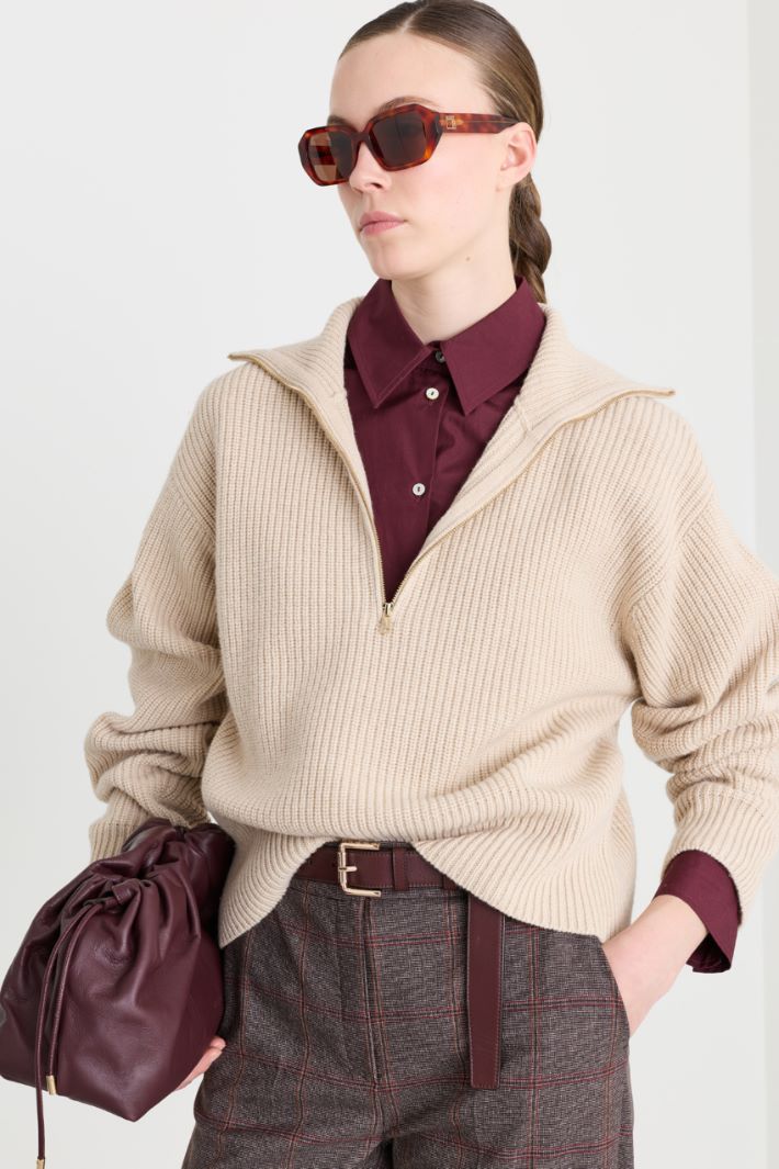 Zip-front boxy jumper - BROWN - Intrend - 2