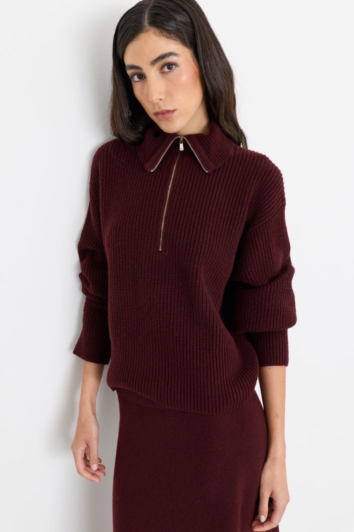 Pull à col zippé en laine et cachemire - BORDEAUX - Intrend - 2