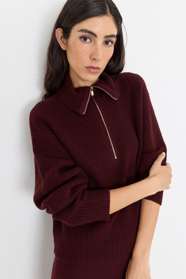 Pull à col zippé en laine et cachemire - BORDEAUX - Intrend - 3