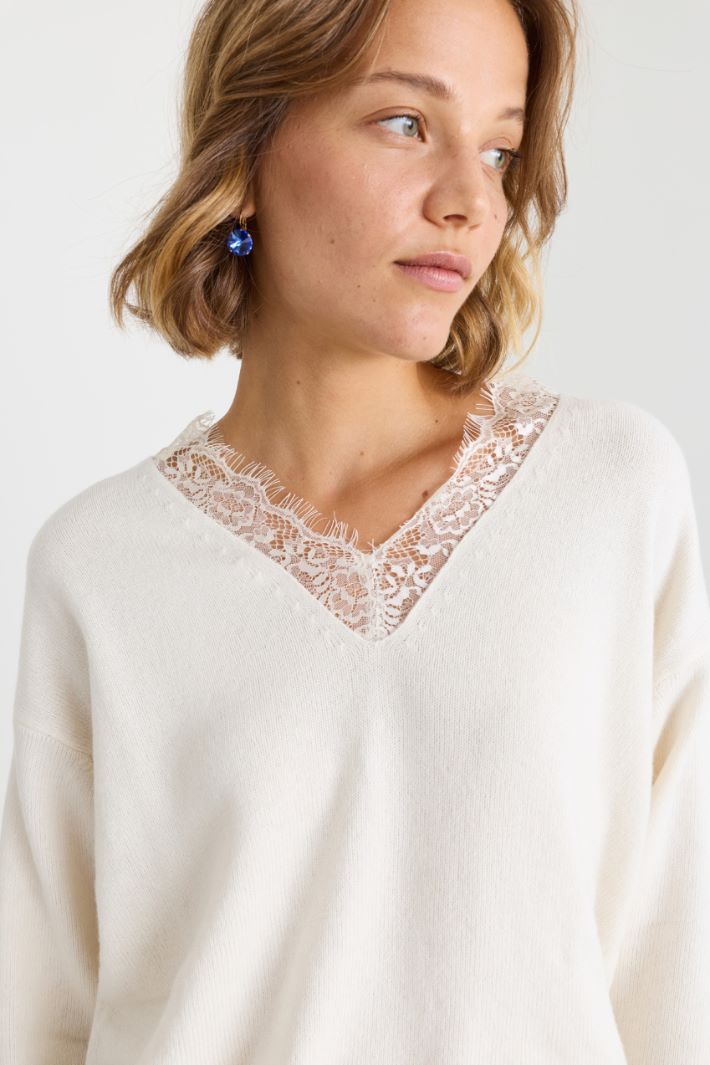 Lace-detail jumper - WHITE - Intrend - 3