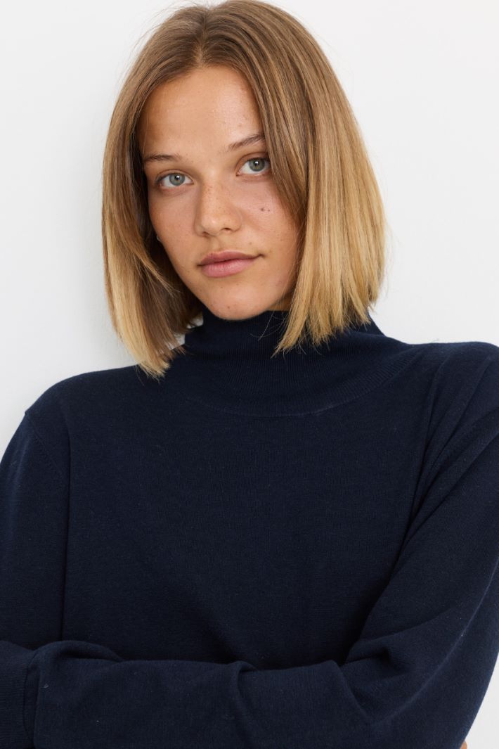 Ribbed-trim roll-neck - BLUE - Intrend - 3