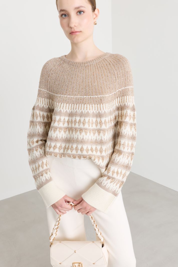 Sequinned jacquard jumper - WHITE BEIGE GOLD - Intrend - 2