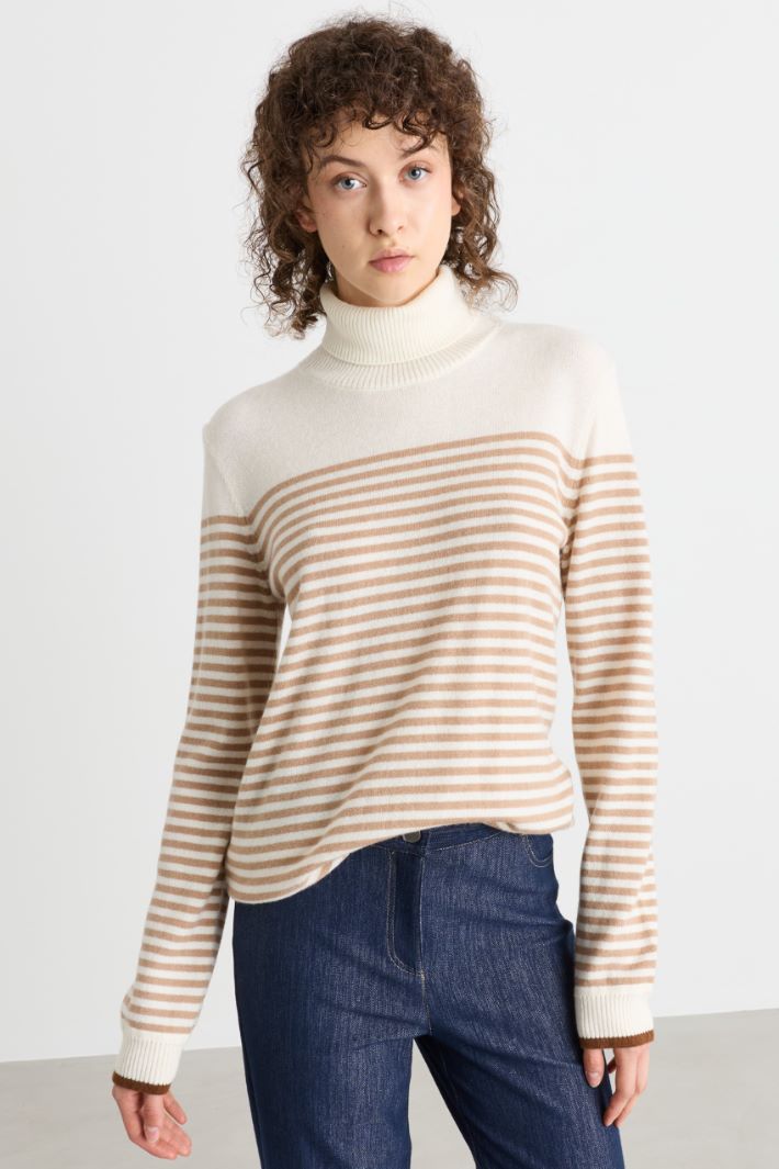 Contrast-Trim Roll Neck Jumper - WHITE CAMEL - Intrend - 2