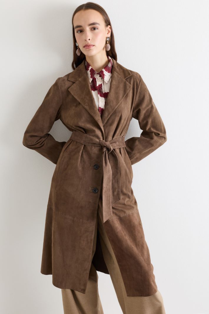 Belted Suede Trench Coat - BROWN - Intrend - 2