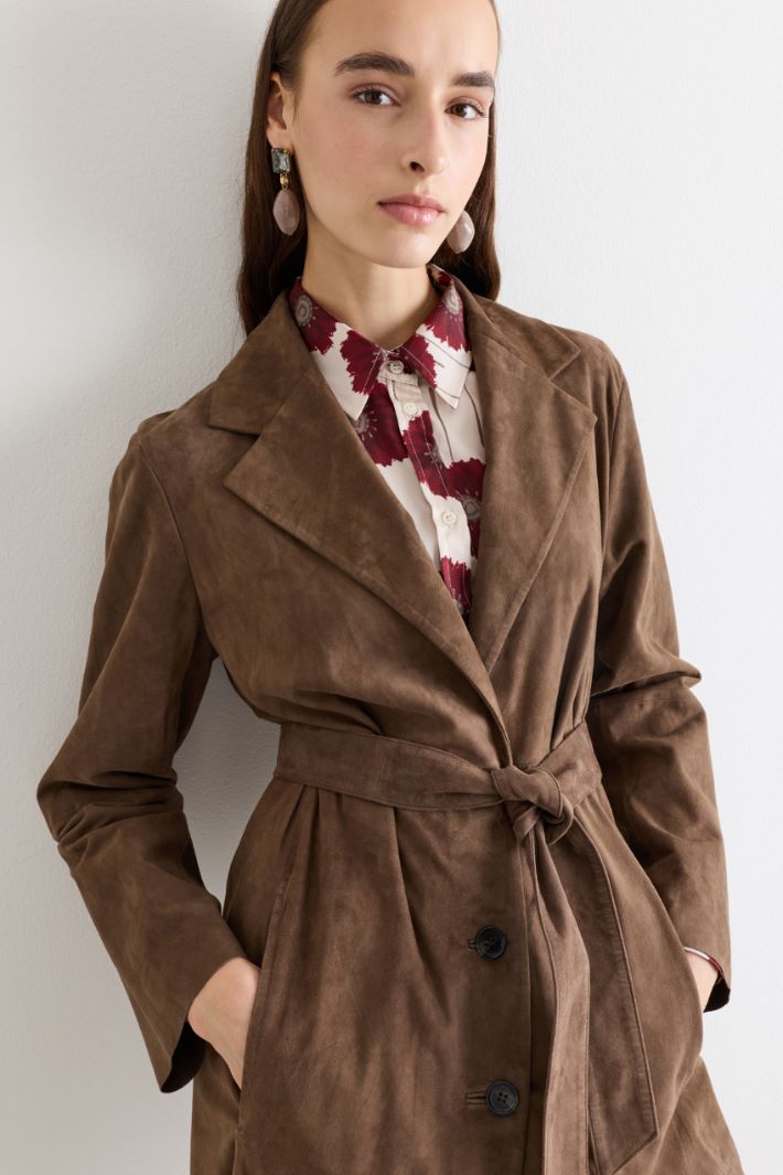 Belted Suede Trench Coat - BROWN - Intrend - 3