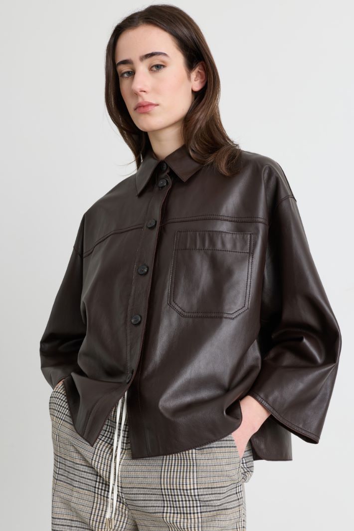 Boxy Leather Jacket - BROWN - Intrend - 3