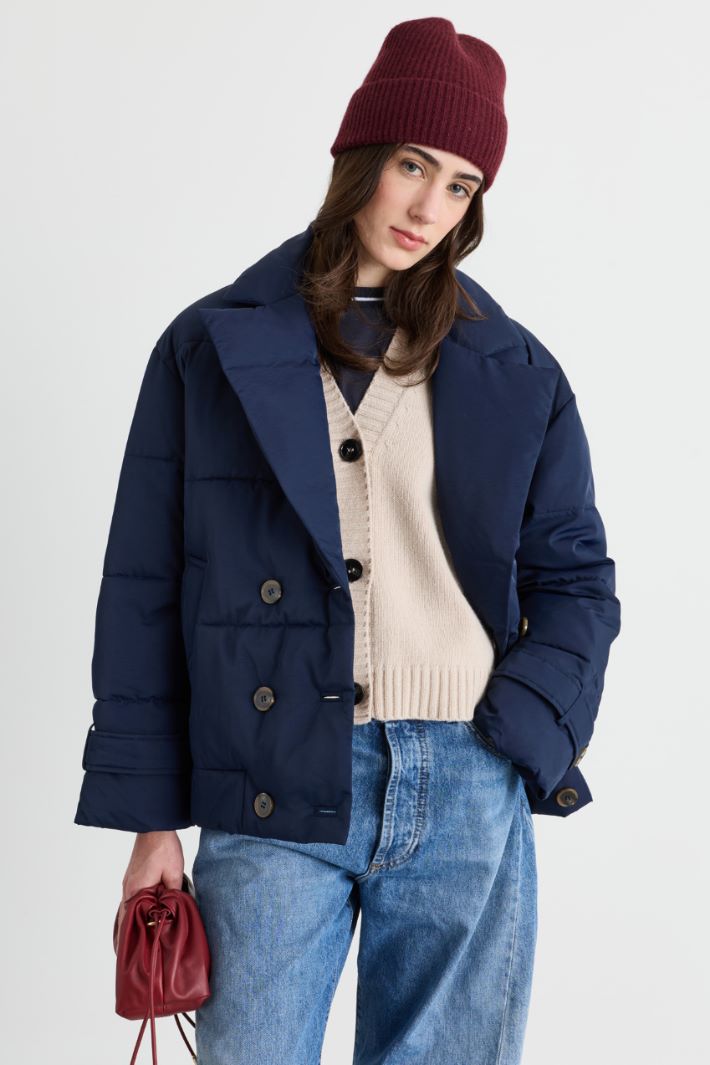 Goose down-filled short double-breasted wool coat - BLUE - Intrend - 2