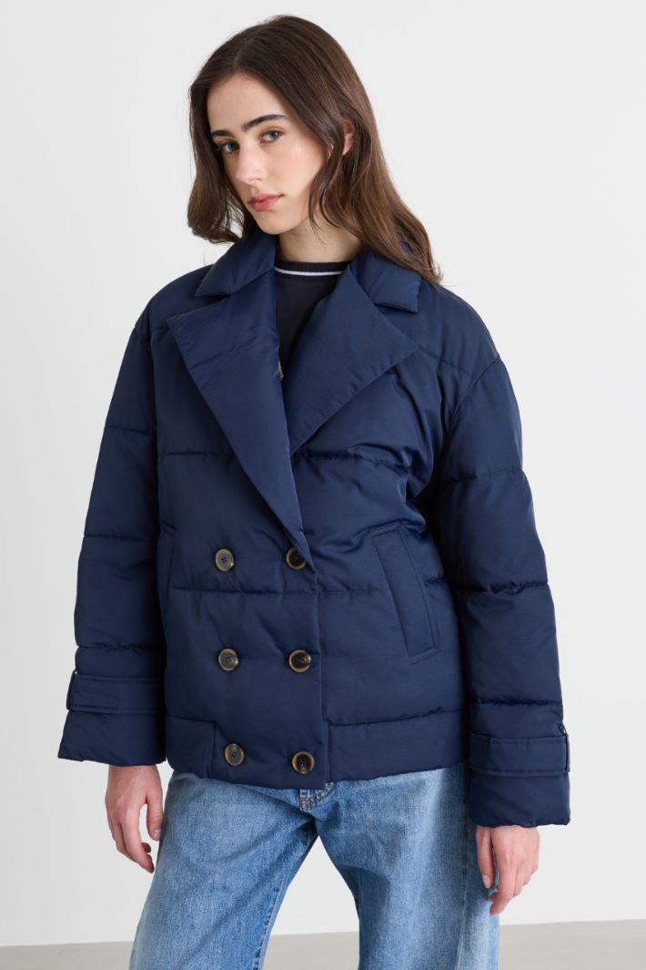 Goose down-filled short double-breasted wool coat - BLUE - Intrend - 3
