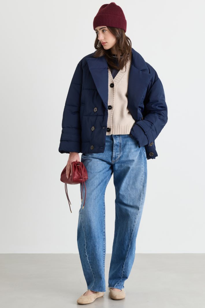 Goose down-filled short double-breasted wool coat - BLUE - Intrend