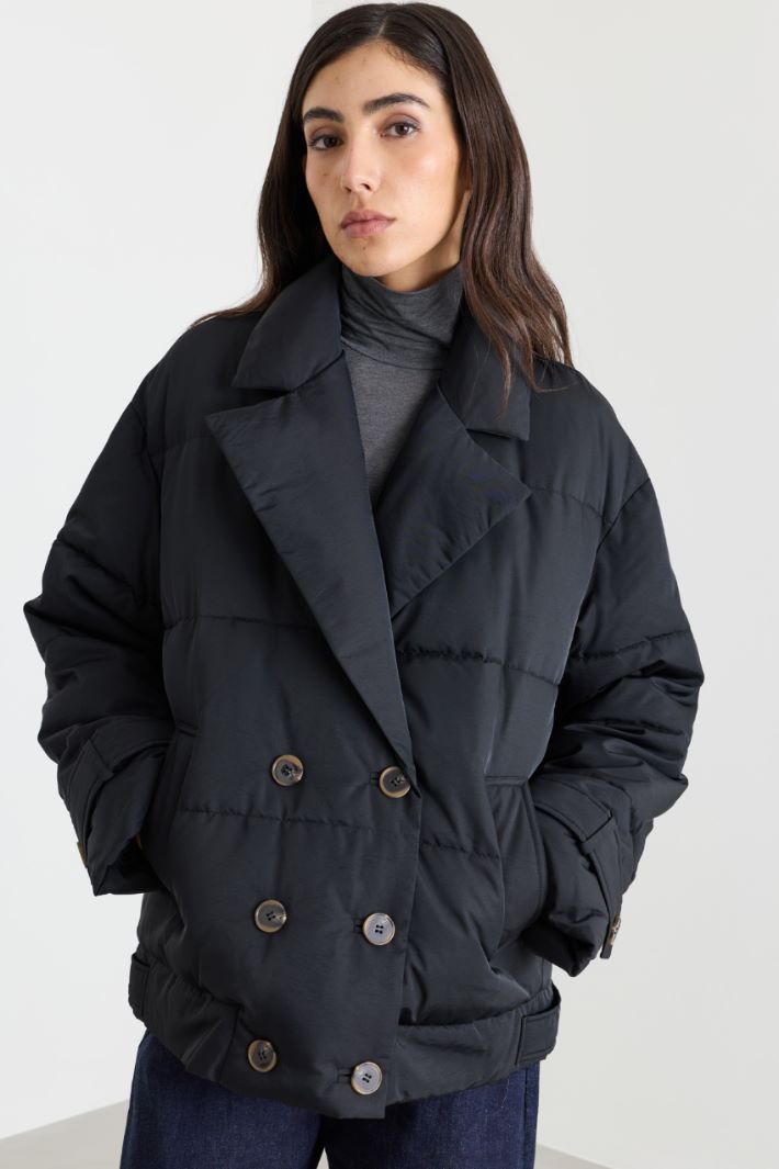 Goose down-filled short double-breasted wool coat - BLACK - Intrend - 2