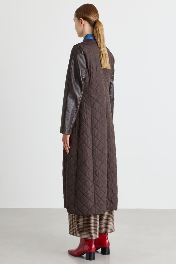 Quilted Technical Fabric Coat - BROWN - Intrend - 4
