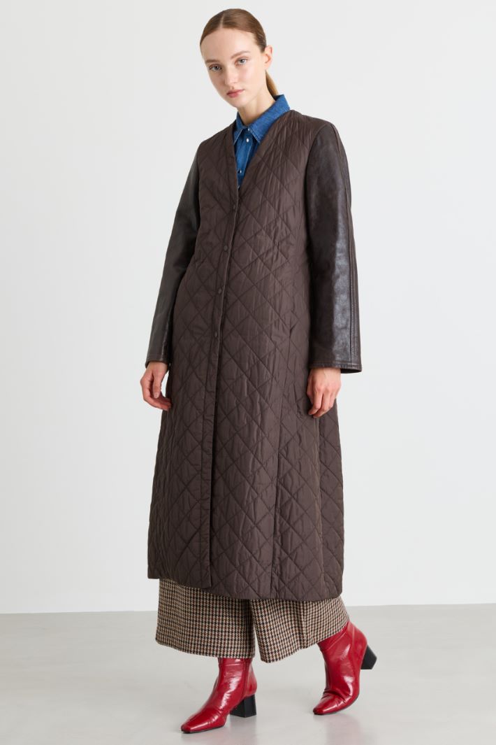 Quilted Technical Fabric Coat - BROWN - Intrend - 2