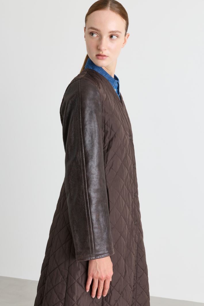 Quilted Technical Fabric Coat - BROWN - Intrend - 3