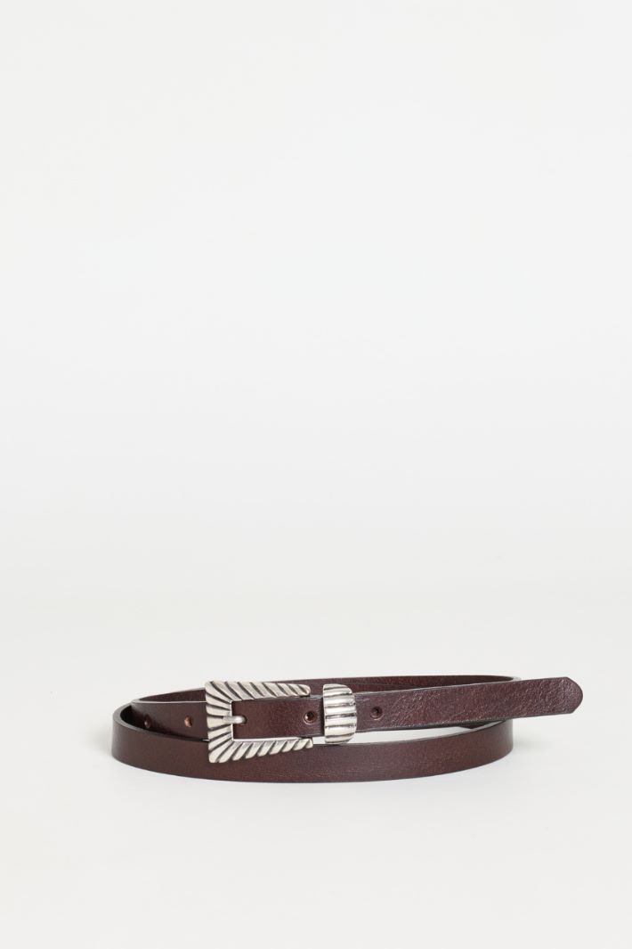 Leather belt with geometric buckle - BROWN - Intrend