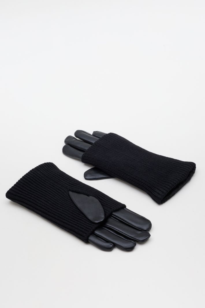 Coated fabric gloves with knitted cuffs - BLACK - Intrend