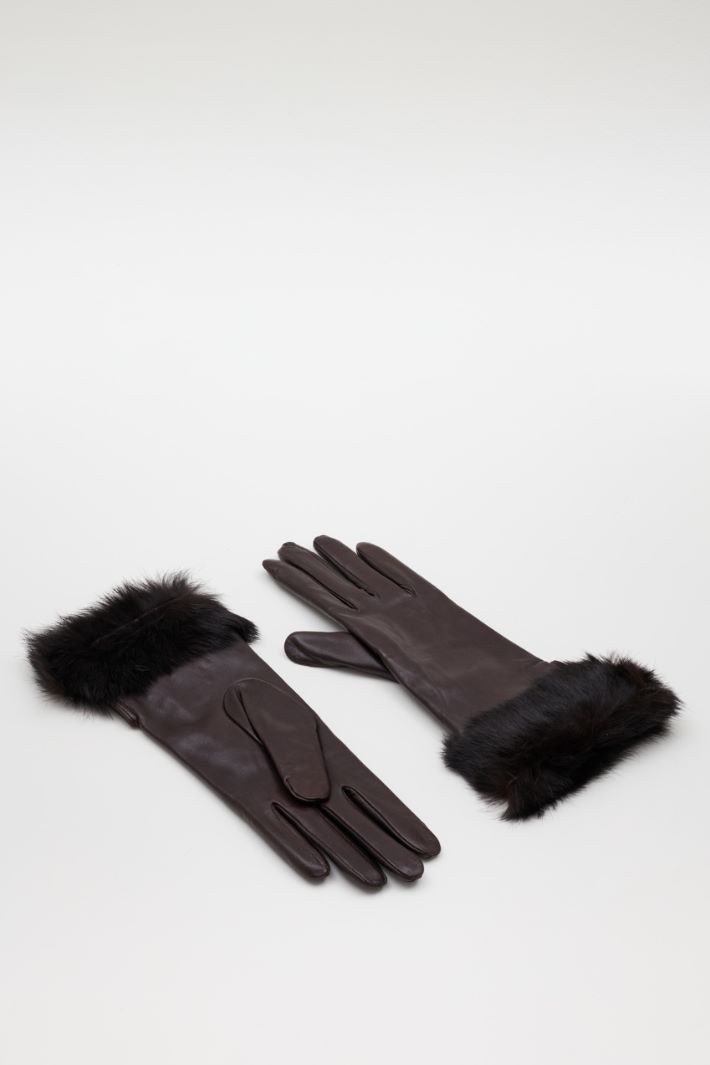 Guanti in pelle con bordo in pelliccia - MARRONE - Intrend