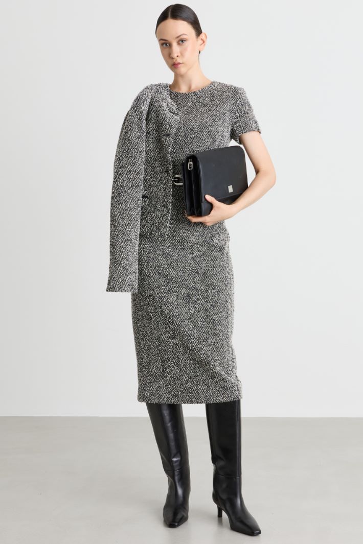 Bouclé jersey midi dress - BLACK WHITE - Intrend