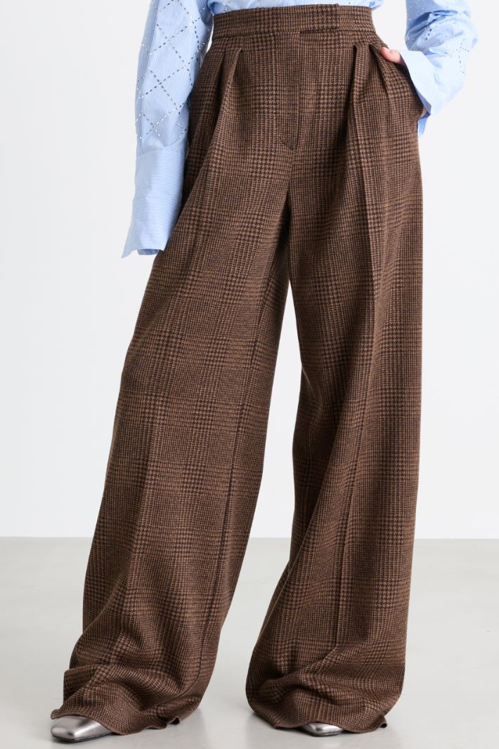 Prince of Wales Check Palazzo Trousers - BROWN - Intrend - 2