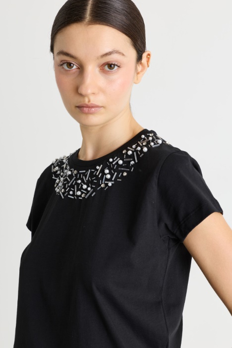 T-shirt in jersey di cotone con cristalli