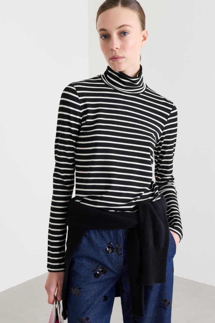 Stretch-Jersey Roll Neck - BLACK WHITE - Intrend - 2