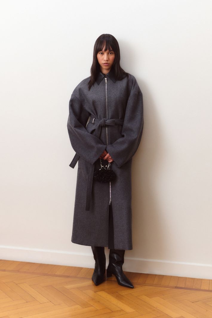 Zipped Double-Faced Wool Coat - GREY - Intrend - 5