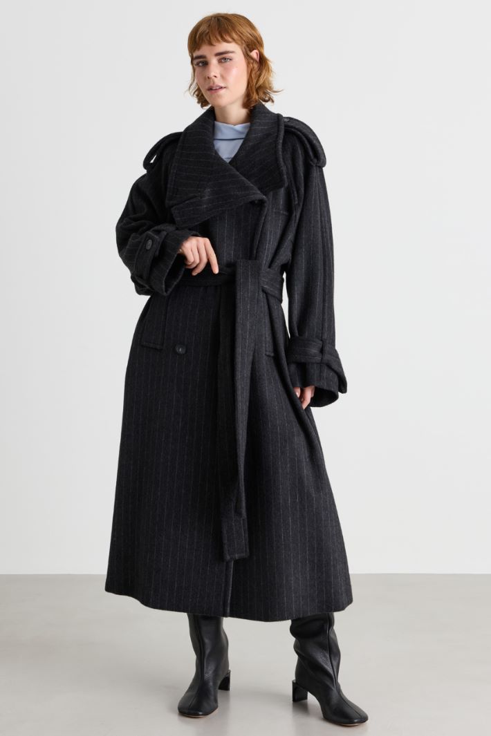 Pinstriped double-faced wool trench coat - GREY - Intrend - 2