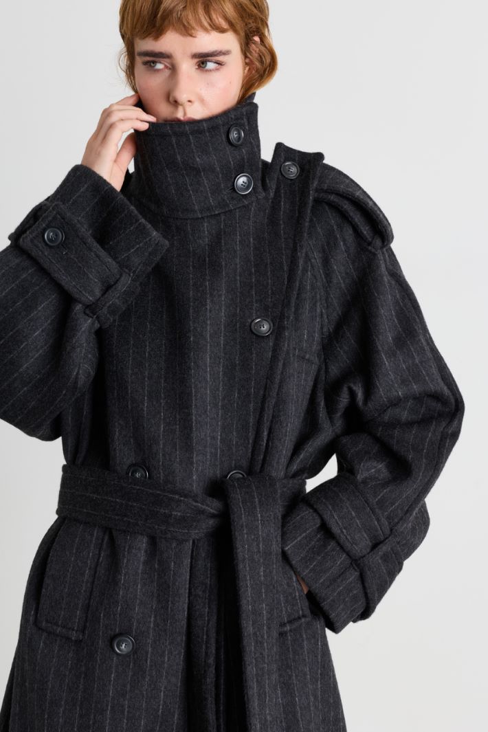 Pinstriped double-faced wool trench coat - GREY - Intrend - 3