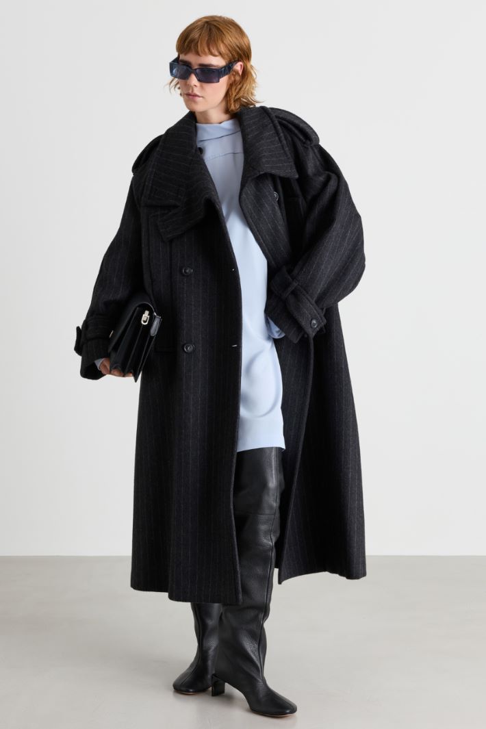 Pinstriped double-faced wool trench coat - GREY - Intrend
