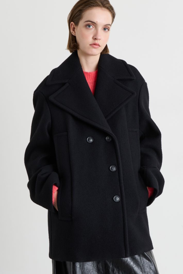 Wide-lapel short double-breasted wool coat - BLACK - Intrend - 2