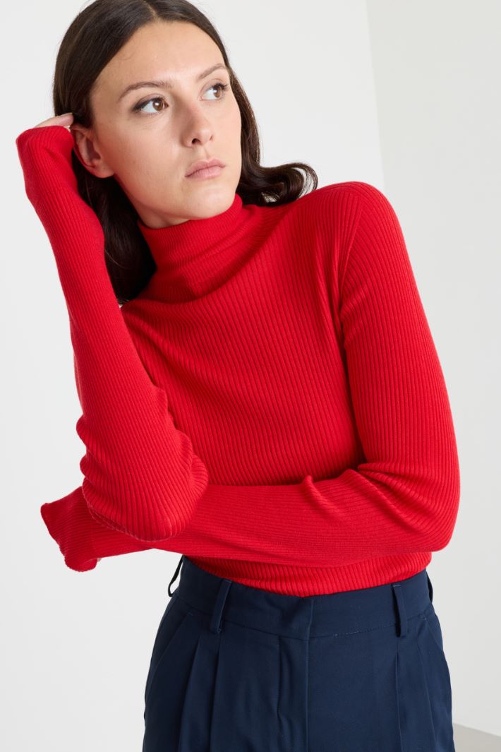 Pure Wool Polo Neck Jumper - RED - Intrend - 3