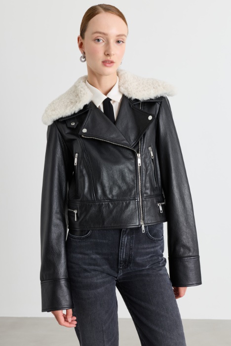 Biker Jacket with Shearling Collar - Intrend