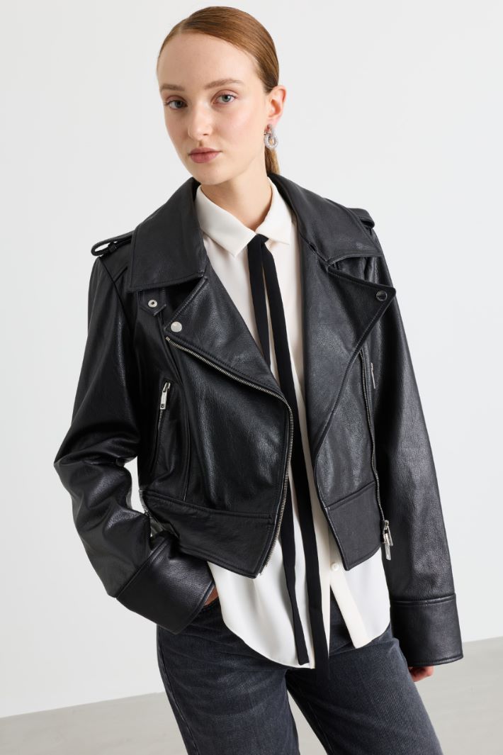 Biker Jacket with Shearling Collar - BLACK - Intrend - 4