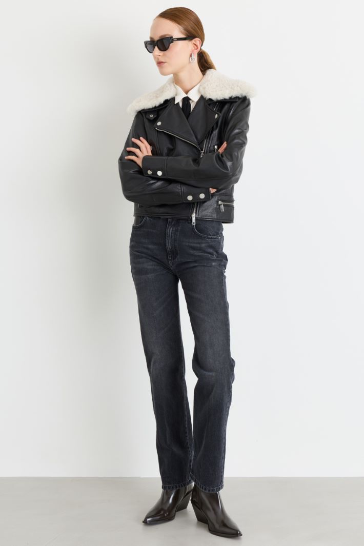 Biker Jacket with Shearling Collar - BLACK - Intrend