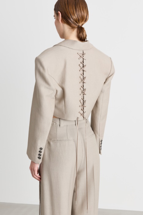 Blazer cropped in sablé di lana con lacci