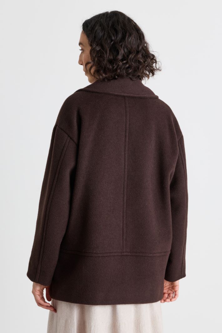Short Double-Breasted Wool Coat with Oversized Lapels - BROWN - Intrend - 4