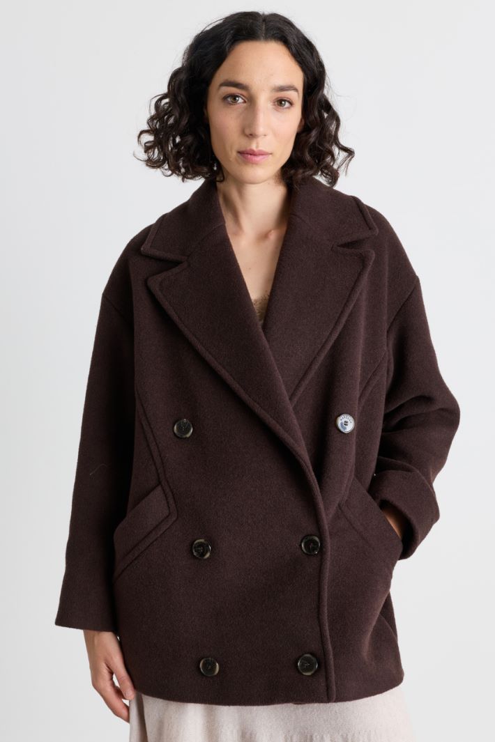 Short Double-Breasted Wool Coat with Oversized Lapels - BROWN - Intrend - 2