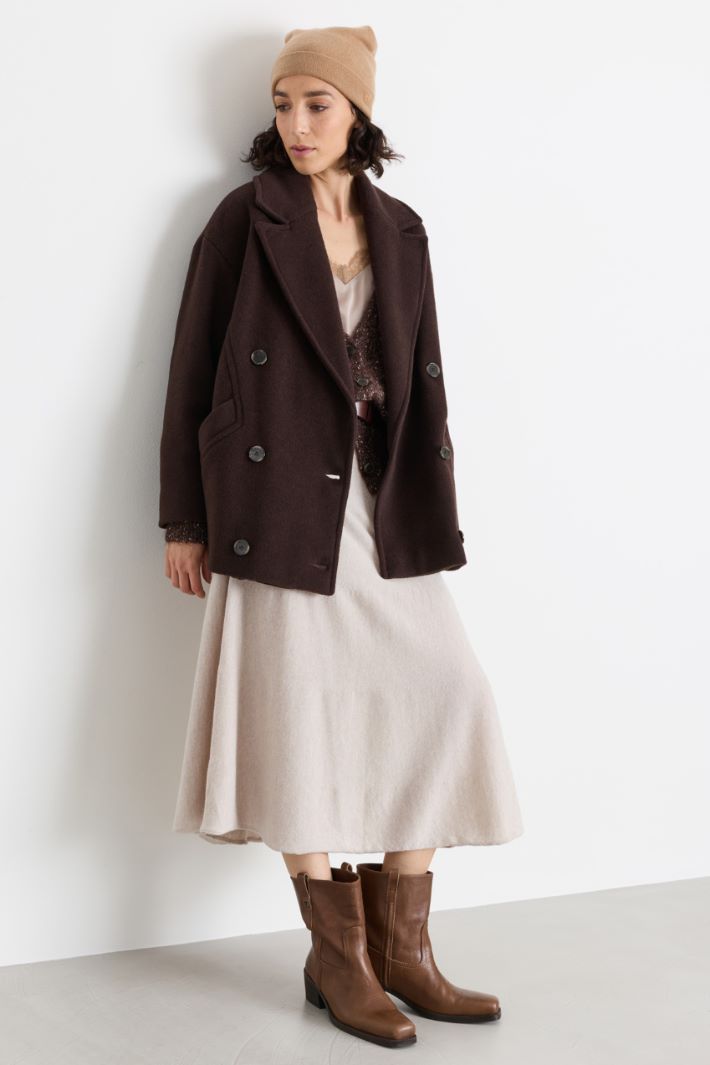 Short Double-Breasted Wool Coat with Oversized Lapels - BROWN - Intrend