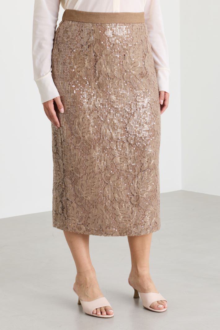 Sequin-embellished lace skirt - CAMEL - Intrend - 2