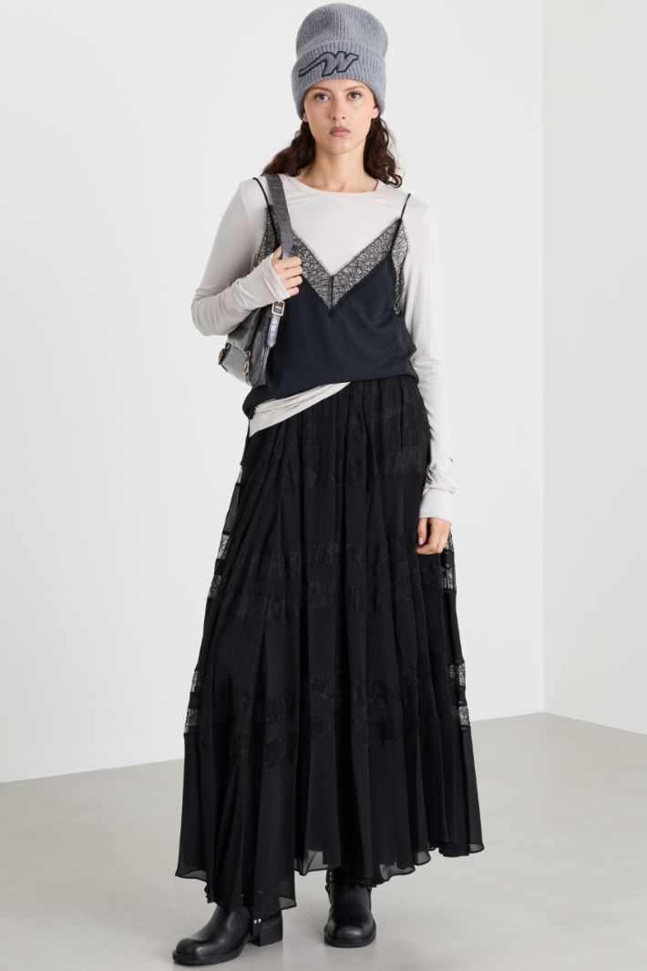 Lace-insert skirt - BLACK - Intrend