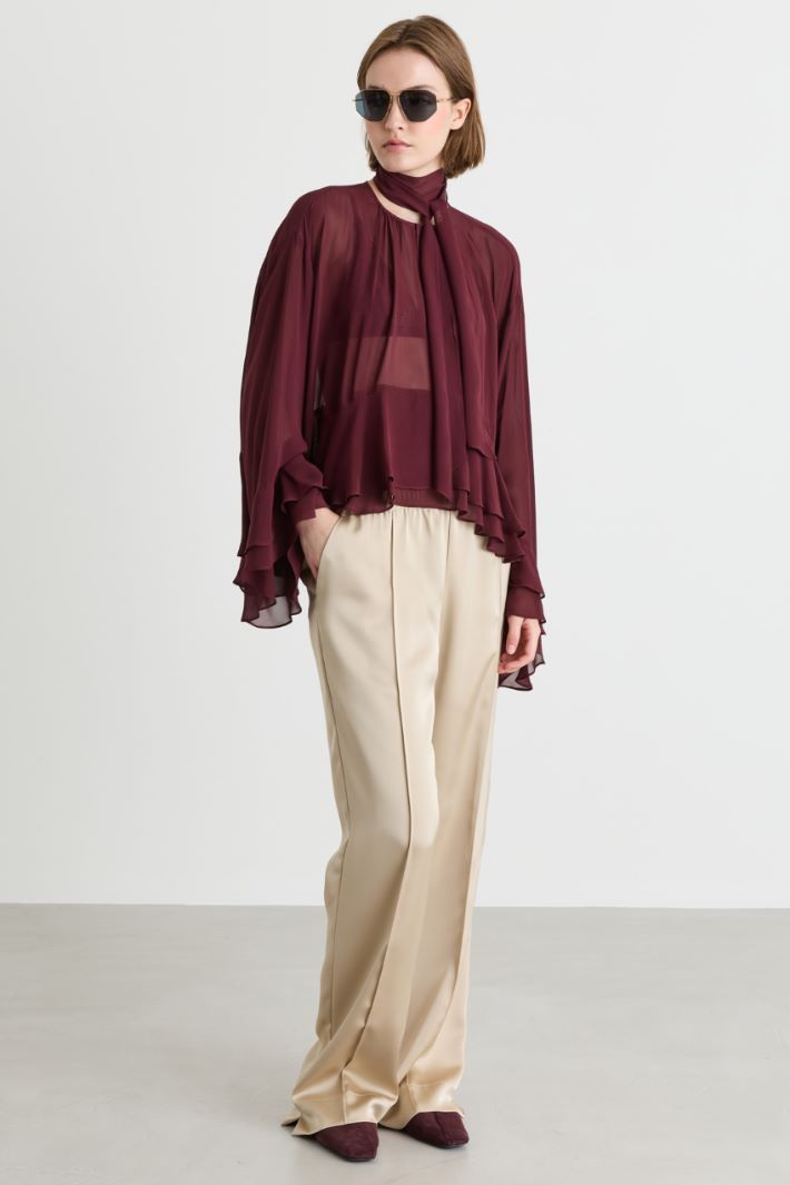 Blusa in georgette con doppio volant - BORDEAUX - Intrend