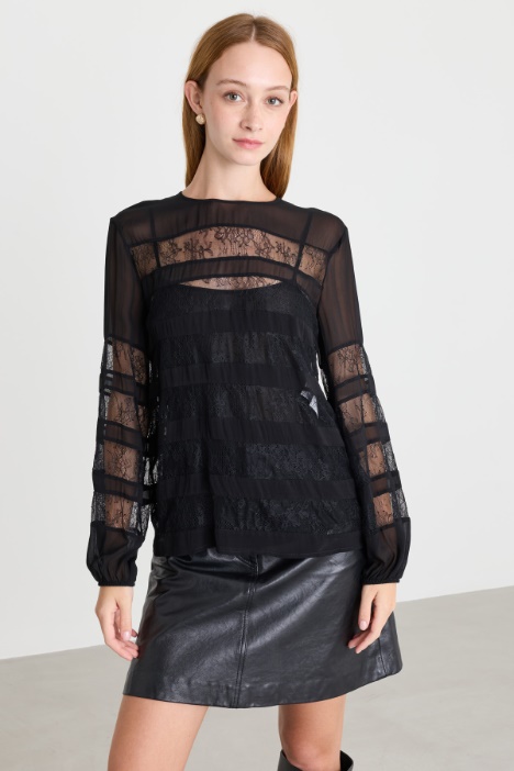 Georgette Blouse with Lace Panels - Intrend