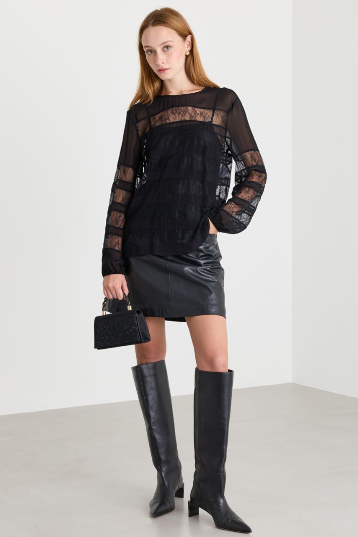 Georgette Blouse with Lace Panels - BLACK - Intrend