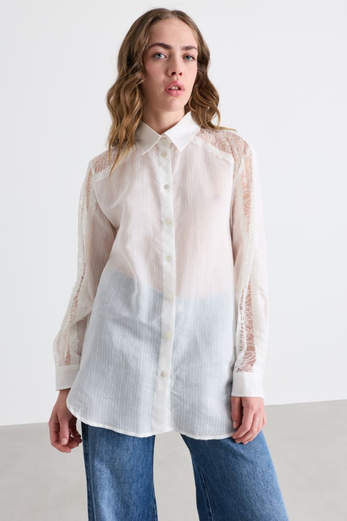 Camicia con intarsio in pizzo - BIANCO - Intrend - 2