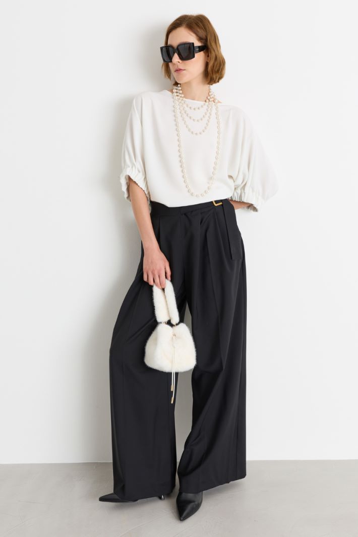 Pantalone ampio in lana con pieghe - NERO - Intrend