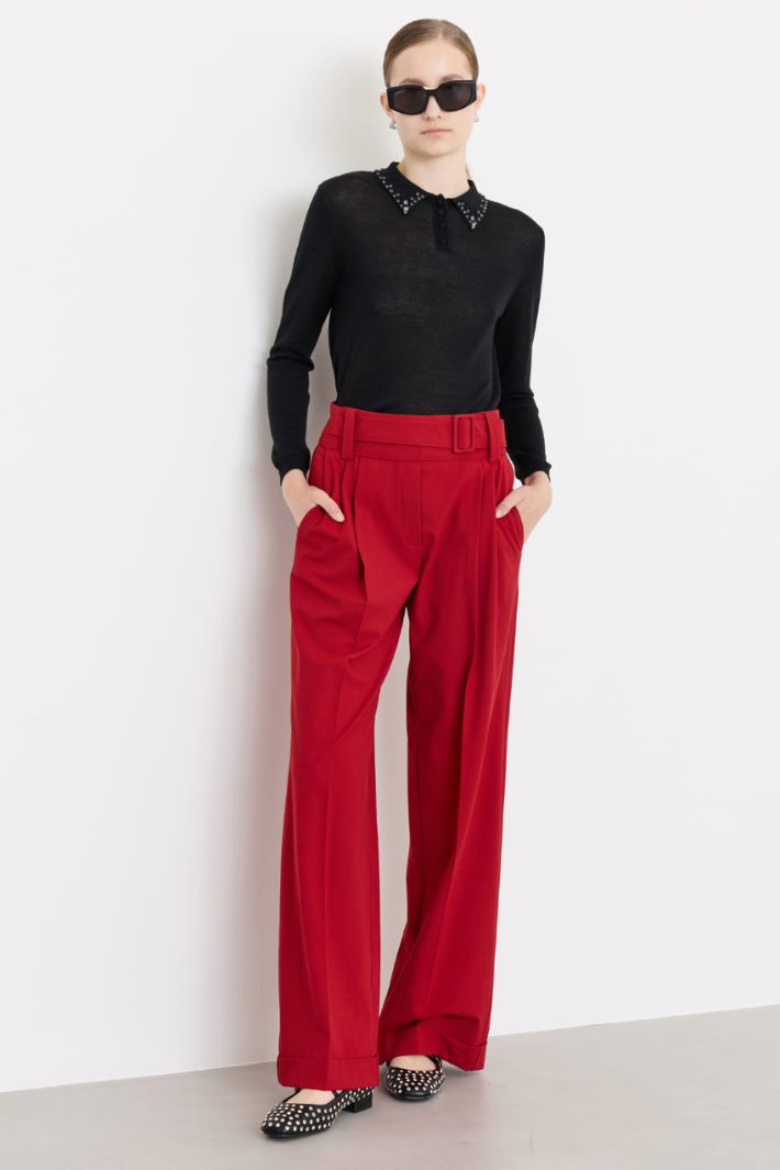 High-waisted Belted Trousers - RED - Intrend